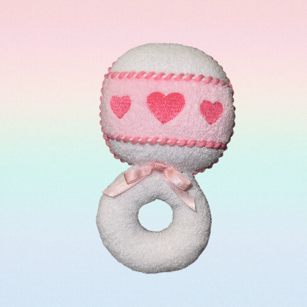 Eden Vintage Terrycloth Baby Toy Plush Rattle White Pink Hearts 6”